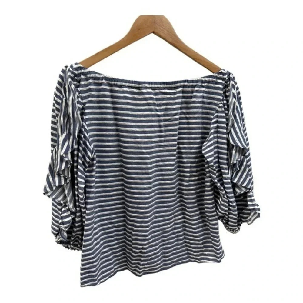 Rachel Rachel Roy XS Off Shoulder Ruffled Top‎ Balloon Sleeve Navy Metallic Gold
